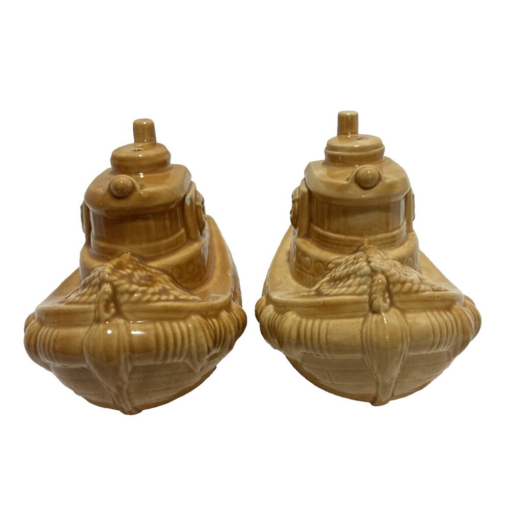 Vintage Detailed Tugboat Salt Pepper Shakers Ceramic Beige 3” Tall/ Hull Rope
